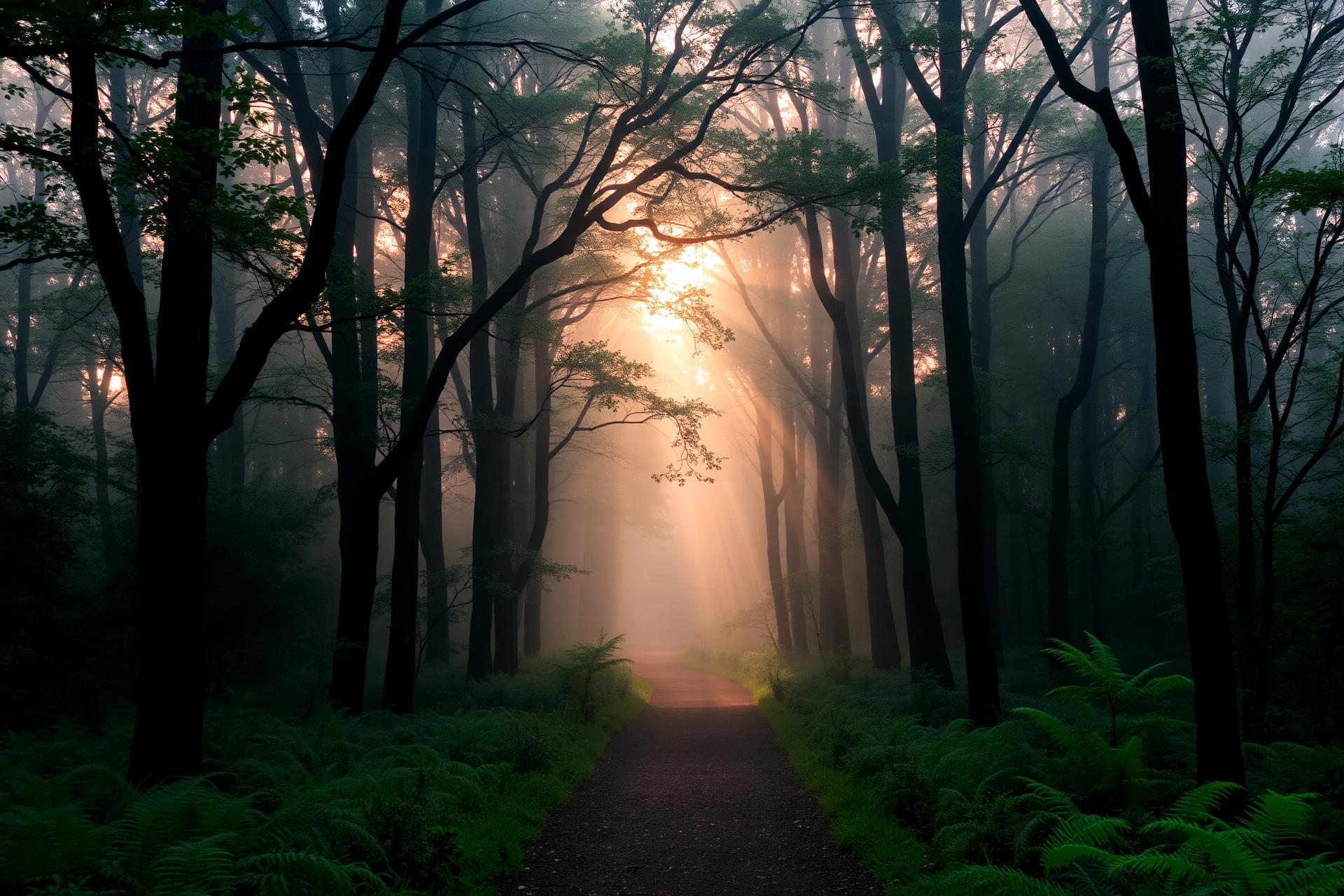 Misty forest path at sunrise